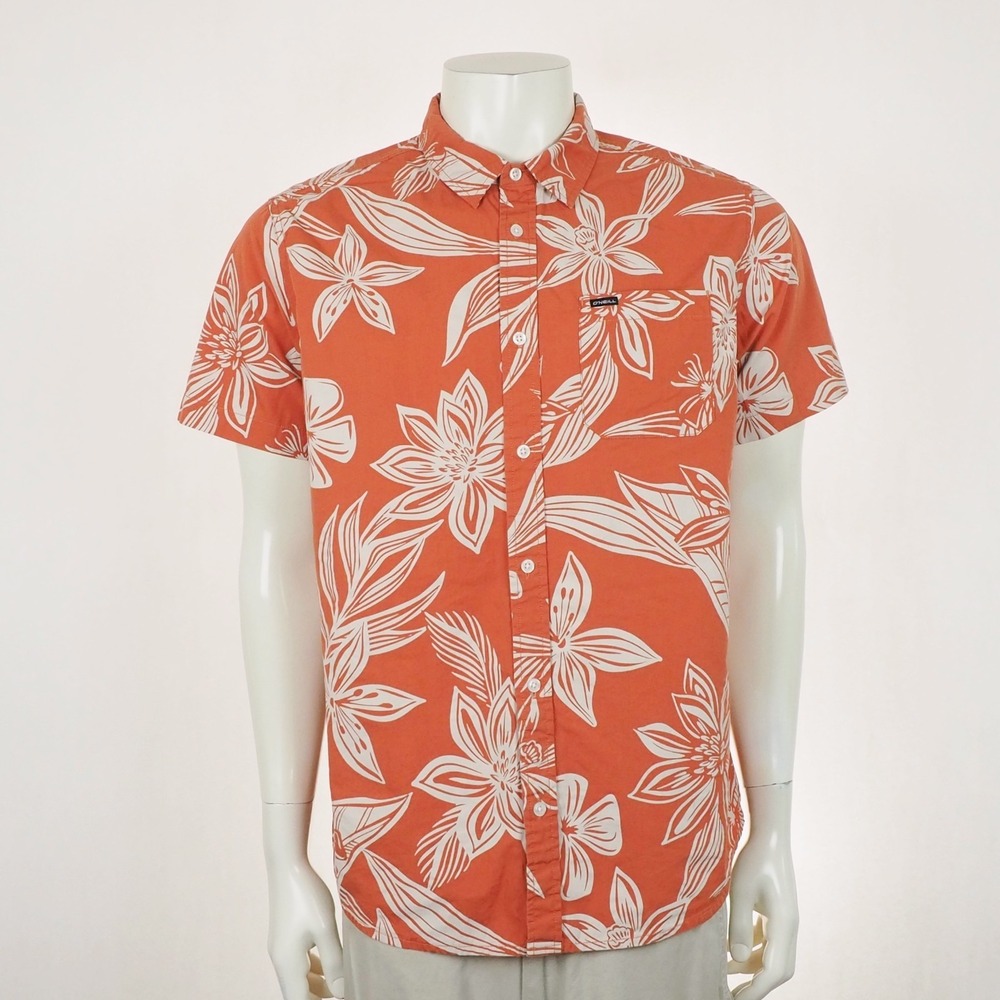 O'Neill Hawaiian Button Down Shirt Mens Medium Orange Floral Standard Fit Travel